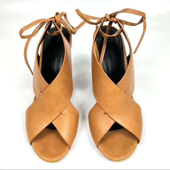 REBECCA MINKOFF Size 6 Eden Leather Criss Cross Curved Wedge Peep Toe Tan - Picture 4 of 10